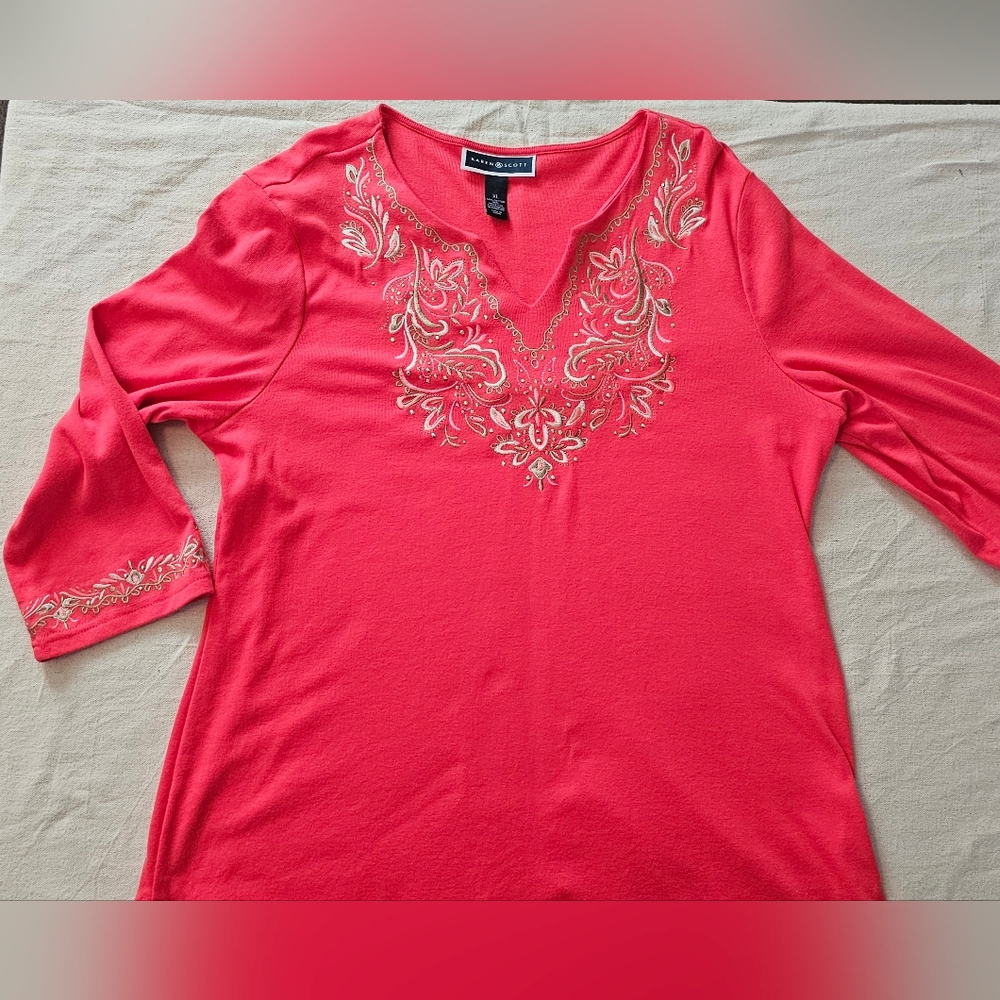 Karen Scott  Coral Embroidered 3/4 Sleeve Blouse